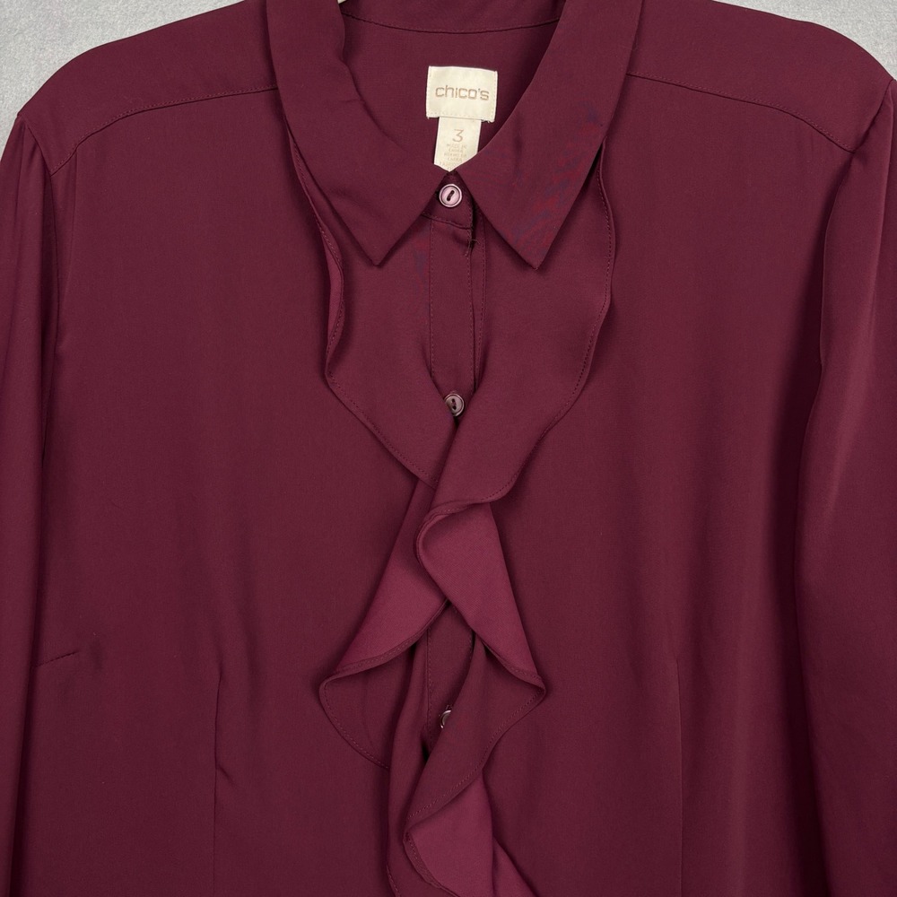 Chico's Blouse Womens 3 Size 16 18 Ruffle Front Button Down Long Sleeve